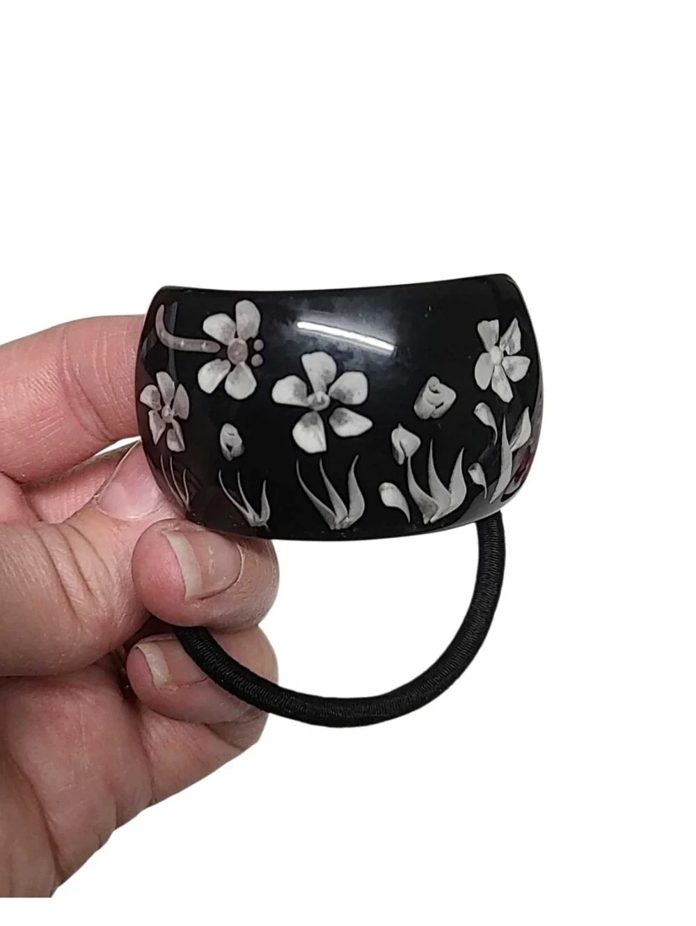 Vintage Black Ponytail Cuff Hair Tie Silver Floral Y2K Boho Accent